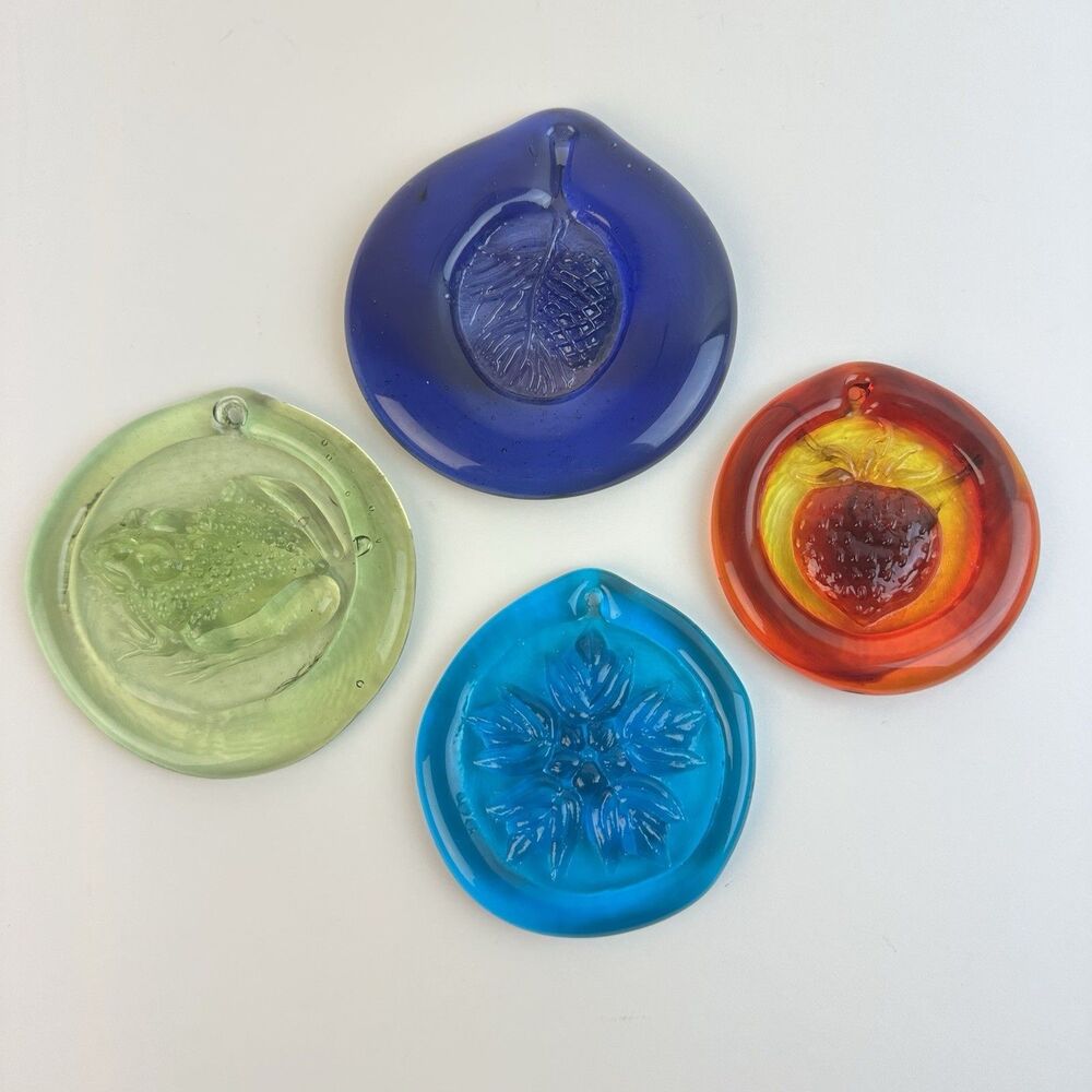 Lot of 4 Vintage Blenko Glass Suncatchers Frog Strawberry Pinecone Flowers